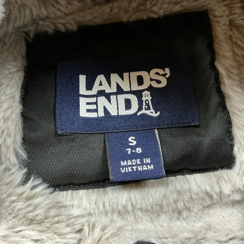 Lands' End Puffer Parka Faux Fur Hood Black Girl Small PrimaLoft Quilted Coat